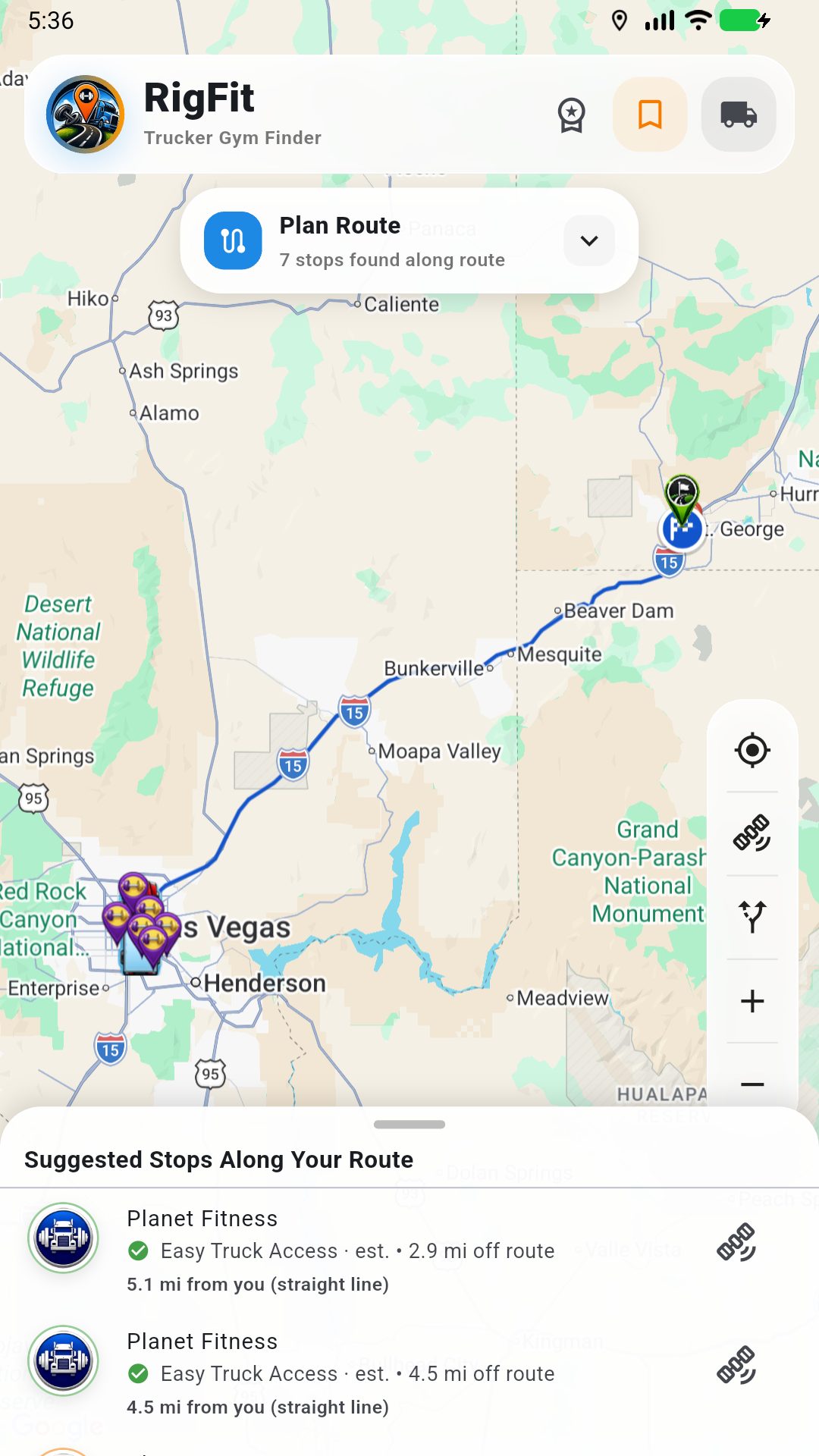 RigFit preview showing gym options along a truck route
